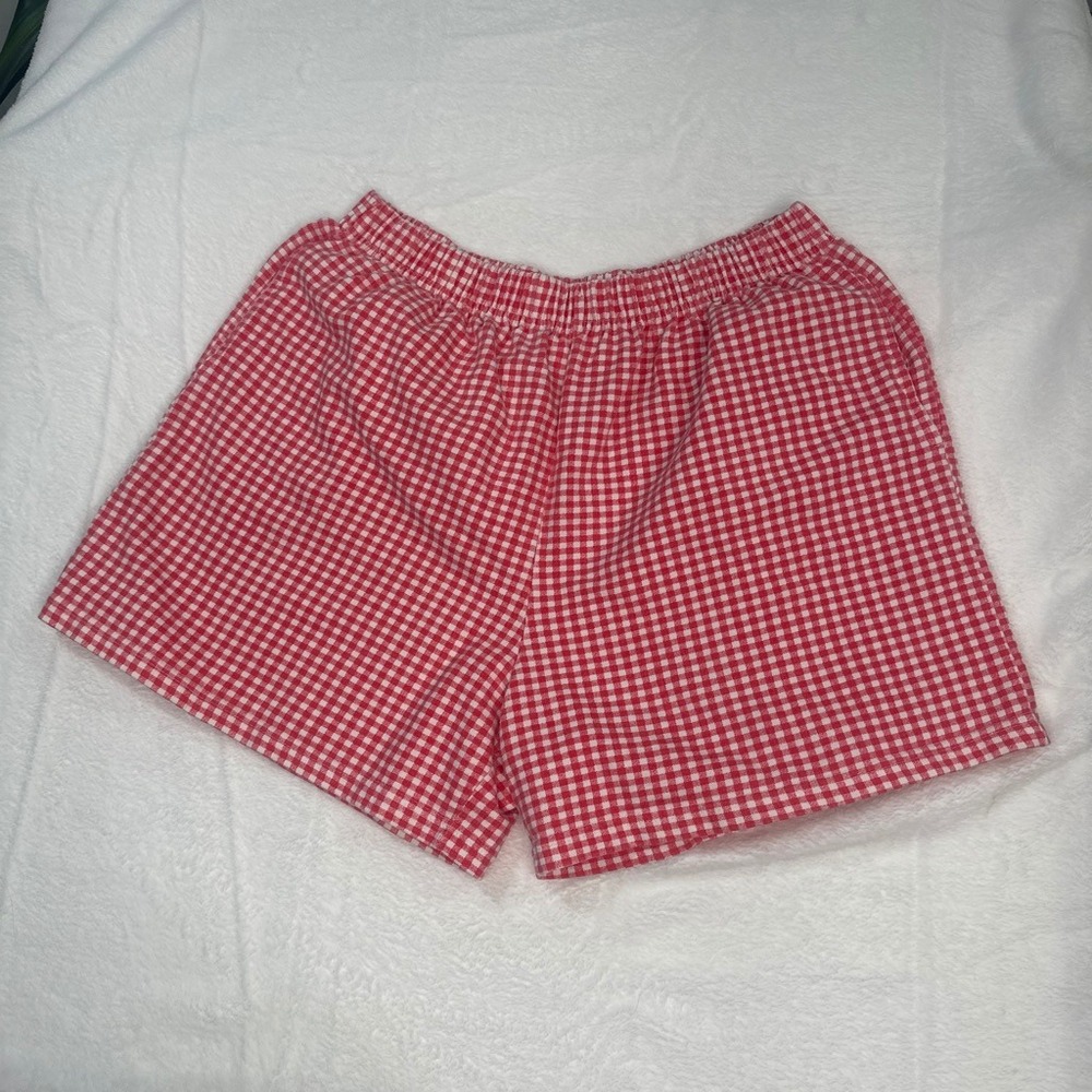 Vintage 90s Red White Gingham Shorts Elastic Waist High Rise Summer Picnic LARGE